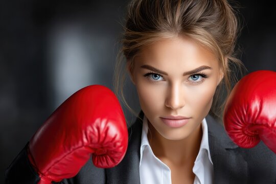 Confident woman in boxing gloves ready for competition in a professional setting