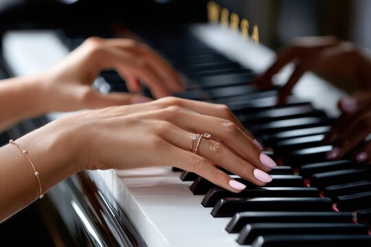 Elegant hands playing piano keys in a dimly lit music room during evening hours