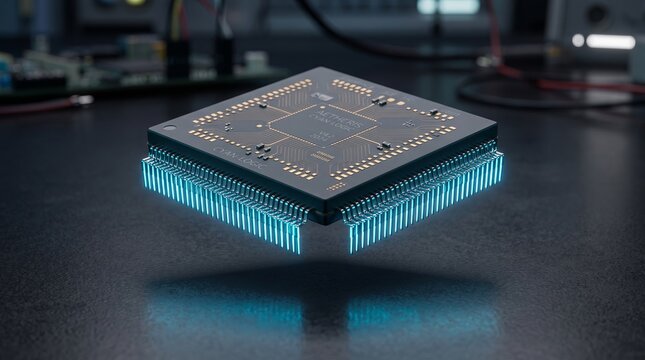 Computer processor chip floating with glowing blue light connections computer hardware digital electronics circuit board data processing microchip semiconductor technology hardware computing