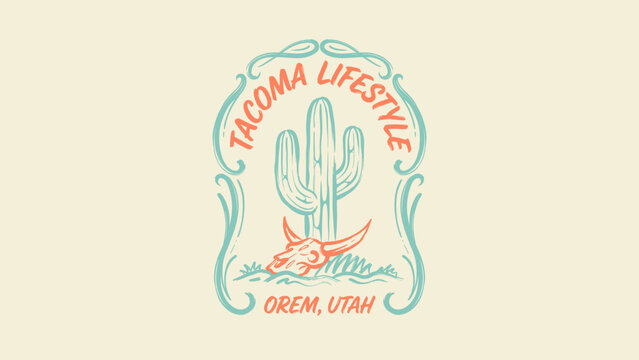 Vintage Southwest Western Logo Design Featuring a Large Saguaro Cactus and a Cattle Skull at the Base with Ornate Scrollwork Borders in Muted Teal and Orange on a Cream Background Concept