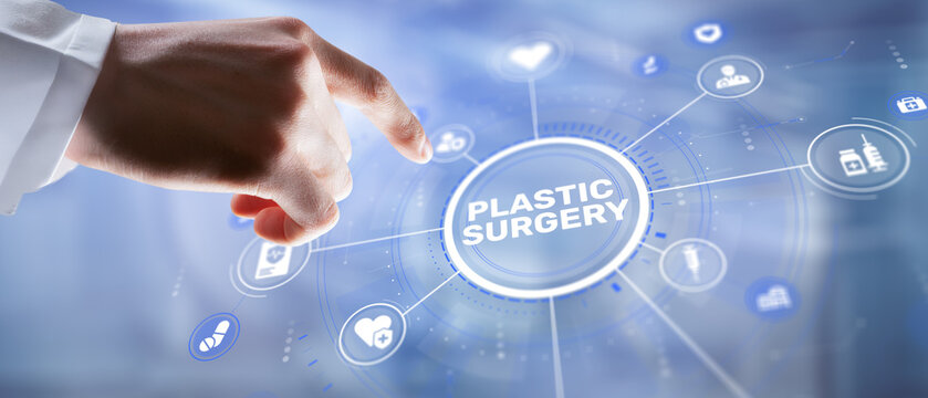 The inscription PLASTIC SURGERY on a blurred medical office background with copy space