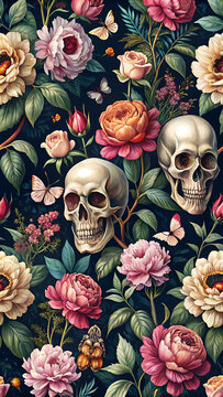 A seamless pattern featuring human skulls surrounded by blooming peonies, roses, and butterflies on a dark background, for gothic style isolated on a transparent background