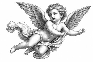 Obraz premium Cherub angel flying and reaching over cloud background