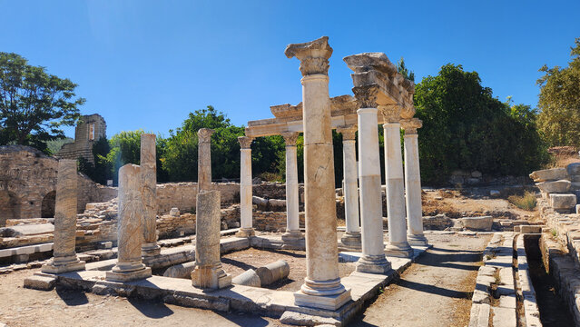 Restored columns of the palaestra, or courtyard and exercise area, at the Roman Bath of Stratonikeia Ancient City in Yatağan, Muğla, showcasing Roman architectural heritage.