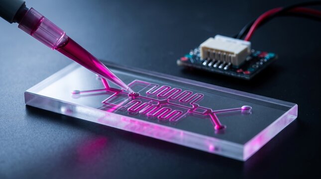 Microfluidic chip with pink chemical sample being injected by a pipette for medical laboratory analysis lab research medical technology scientific analysis chemical testing biomedical engineering