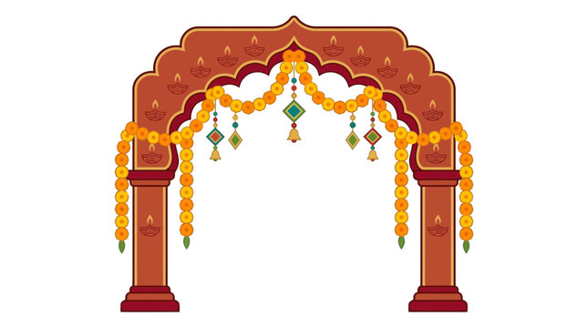 Diwali festive archway with marigold flower garlands and diya lamp icons