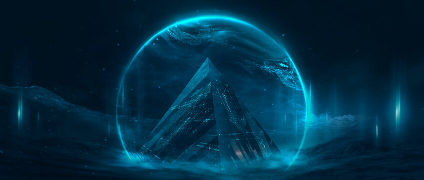 Futuristic alien pyramid structure inside a glowing neon portal sphere in a dark space desert