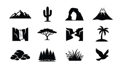 Fototapeta premium Black and White Minimalist Icons of Various Natural Landscape Elements