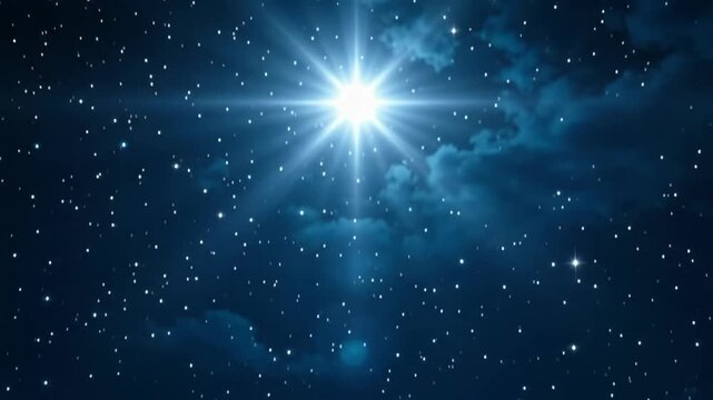 wooden shepherd crook on rock in night field panning to radiant shining star of bethlehem in starry sky. christian nativity miracle, religious christmas story, church worship background