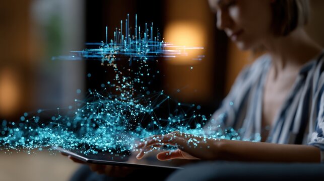 Woman using a tablet with futuristic holographic data visualization and digital network connection display in a dimly lit room environment