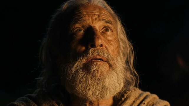 old caucasian man with white beard looks up in awe with mouth open at night. biblical scene of divine prophecy and revelation. cinematic historical film, spiritual presentation.