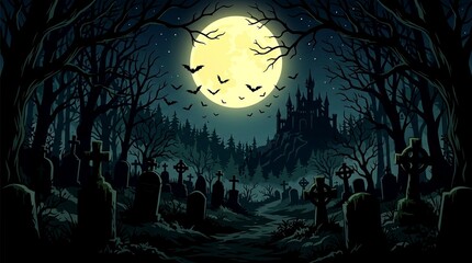Fototapeta premium Bats flying over a spooky graveyard with a distant castle