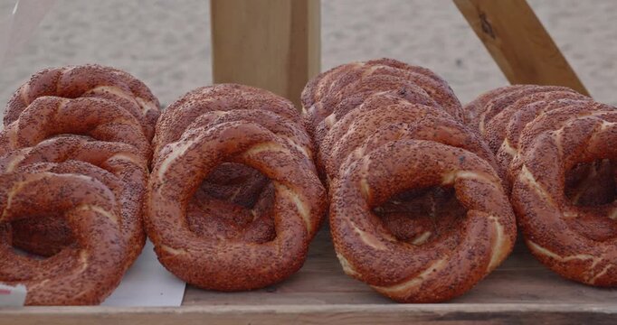 Traditional Istanbul Simit Ready for Sale at Street Food Stall