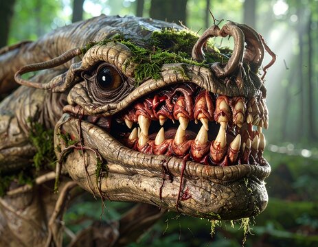Close-up of swamp monster creature with sharp teeth and moss covered skin in forest