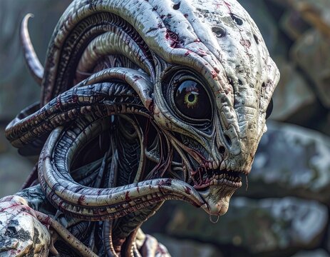 Close-up of alien monster creature with tentacles and large dark eye