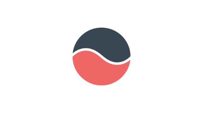 Minimalist abstract circle icon featuring vibrant coral red and dark charcoal grey curved wave shapes