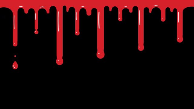 Blood dripping down in red cartoon liquid drops for halloween horror and scary overlay animated seamless loop transparent background
