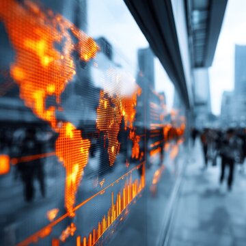 Digital world map with glowing orange data points and charts reflecting on city glass wall alongside blurred pedestrians in a modern urban environment