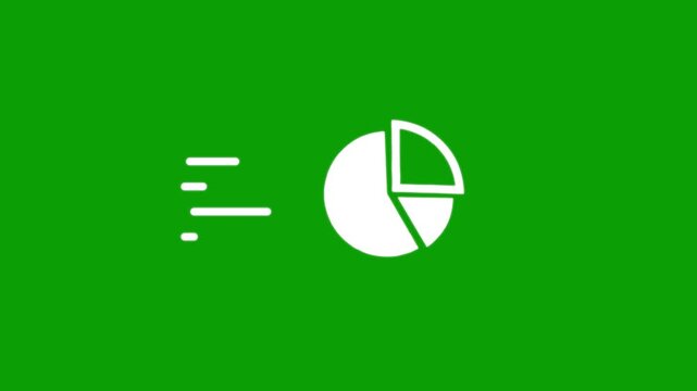 Minimalist white pie chart animation moving fast with motion speed lines on green background chroma key screen.