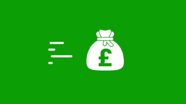 British pound sterling money bag motion graphic animation over green screen background for financial concepts.