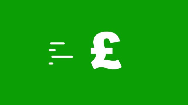 Animated white pound sterling currency symbol with dynamic speed lines moving across a vibrant green screen background.