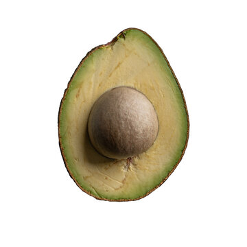 A fresh ripe avocado half with a large central pit isolated on a clean transparent background