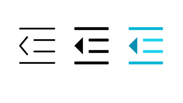 Three variations of a decrease indent featuring a left-pointing arrow and lines in thin line, bold black, and cyan colors on white background