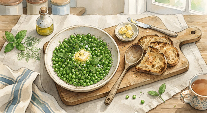 A bowl of fresh green peas with butter and toasted bread on a rustic kitchen table