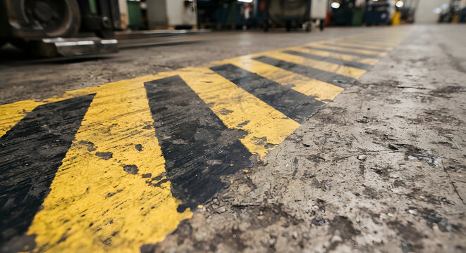 A worn yellow and black hazard stripe on an industrial warehouse floor