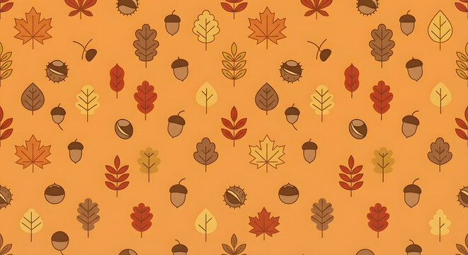 A seamless pattern with autumn leaves and acorns on an orange background
