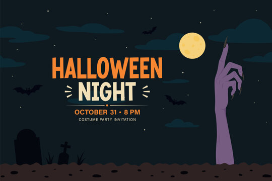 Halloween Poster, Vector Illustration. Halloween Night Invitation with Spooky Halloween Graveyard. Zombie Hand, Moon and Bats. Dark Party Flyer Template for October Event, Costume Celebration Banner