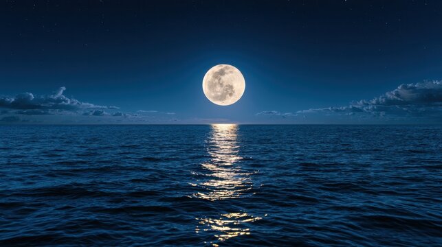 Full moon shining brightly over calm ocean waters at night creating a glowing path on the sea surface under a dark starry sky with scattered clouds