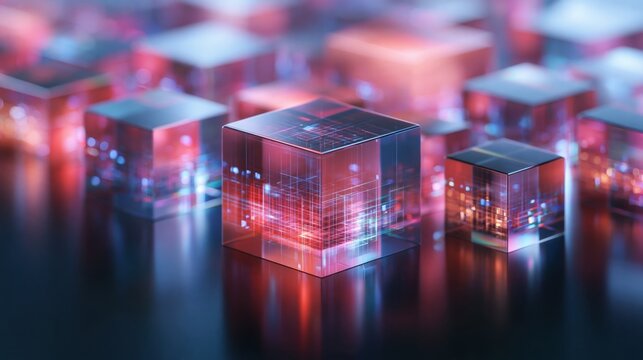 Transparent digital cubes with intricate neon circuits symbolizing futuristic technology and data networks in a glowing abstract electronic design