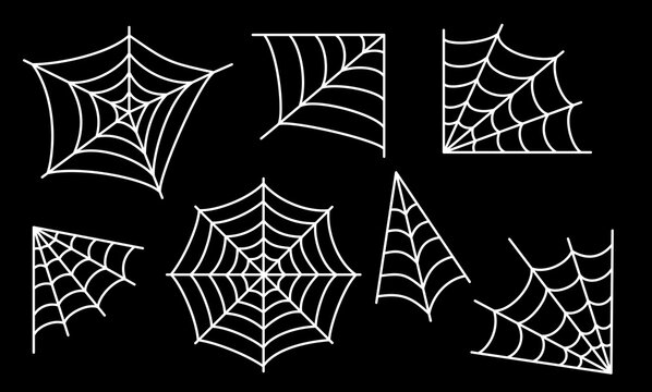 Simple spider web. White line spiderweb vector elements. Halloween spider net silhouette. Funky kid doodle cobweb for holiday party decoration. 