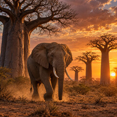 Fototapeta premium Elephant walking among giant baobab trees at sunset