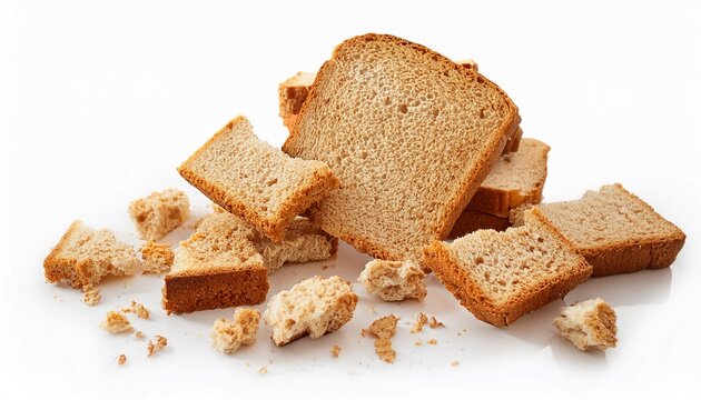 crumbs of fresh whole grain bread isolated on white background isolate crumbs of different sizes for insertion into a design or project