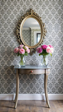 A vintage style console table with two vases of pink peonies placed in front of an oval gold framed mirror against a damask patterned wall isolated on a transparent background