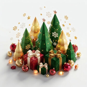 Festive 3d Composition Of Green And Gold Geometric Christmas Trees With Luxury Gift Boxes And Red Ornaments Decorated With Glowing Stars And Snowflakes On White Background