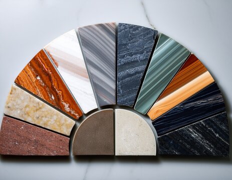 a variety of stone and tile samples in different colors and textures arranged in a semi circle showcasing options for floor design