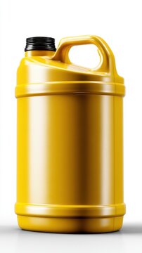 Bright yellow plastic container jug with black screw cap and handle isolated on white background for liquid storage or transport