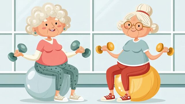 Cartoon elderly woman with dumbbells on a fitness ball in a gym, flat design.