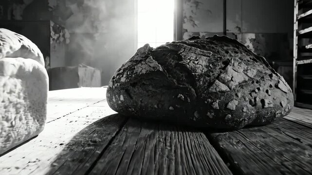 Artisan sourdough loaves on rustic wooden table