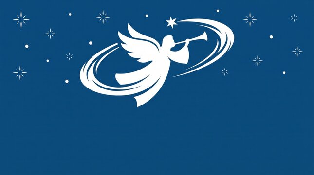 white silhouette of herald angel blowing trumpet with stars on blue background. holy christmas annunciation concept. greeting card, poster, banner, website header with copy space