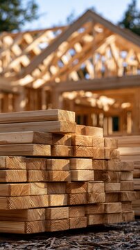 Stacked wooden beams ready for use in residential house framing construction under bright daylight with partially built wooden framework in background