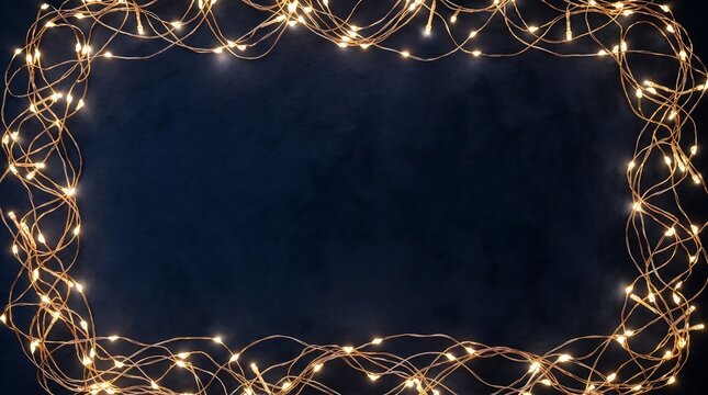 Fairy lights border frame with warm glowing bulbs on a dark blue background for holiday design