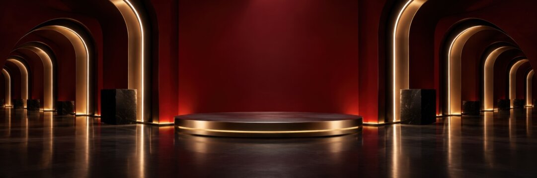 round golden podium in dark red luxury corridor with glowing arches. stage for awards, party and celebration. banner, website header, product showcase.