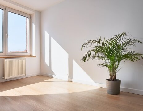 modern room corner with potted palm plant on wooden floor and white walls