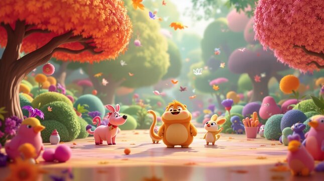 Cute cartoon squirrel and friends in a vibrant enchanted forest with soft golden sunlight and magical atmosphere