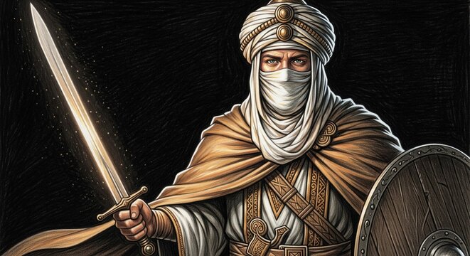 Middle Eastern desert warrior wearing traditional turban and face veil holding a shining steel sword and shield