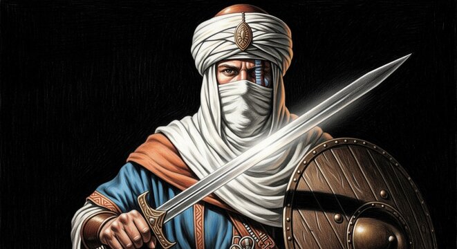 Warrior in traditional middle eastern attire wielding a gleaming sword with a wooden shield against dark background